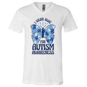 I Wear Blue For Autism Awareness Butterfly V-Neck T-Shirt