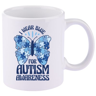 I Wear Blue For Autism Awareness Butterfly 11oz C Handle Ceramic Mug