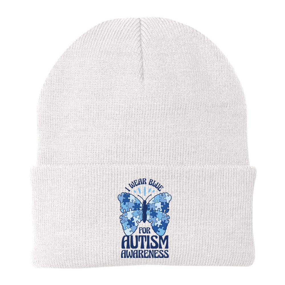 I Wear Blue For Autism Awareness Butterfly Beanie