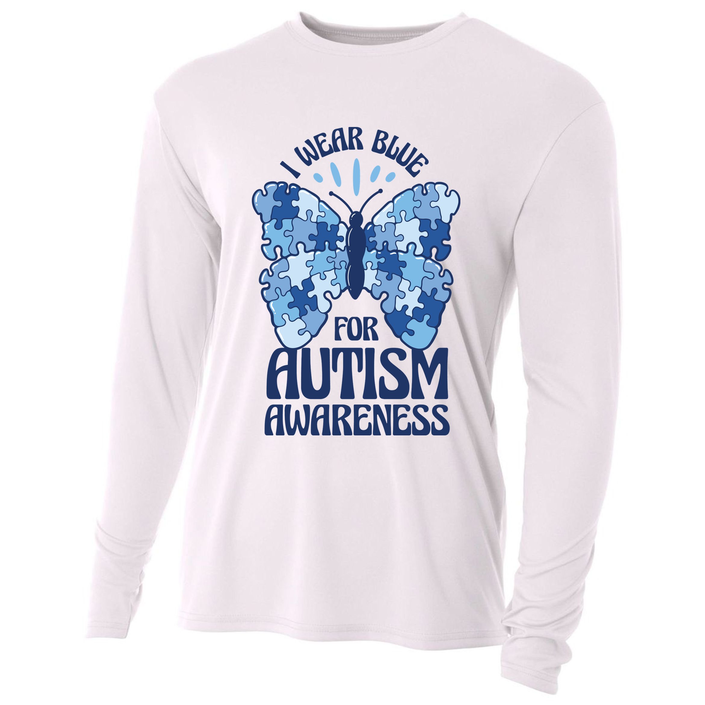 I Wear Blue For Autism Awareness Butterfly Cooling Performance Long Sleeve Crew