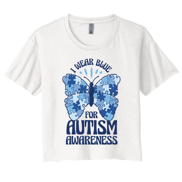 I Wear Blue For Autism Awareness Butterfly Crop Top