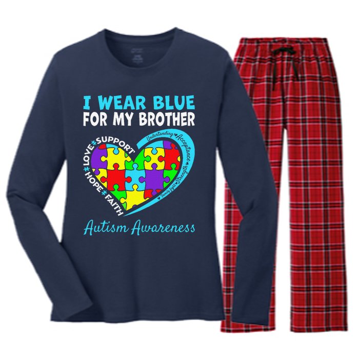 I Wear Blue For My Brother Autism Awareness Day Mom Dad Women's Long Sleeve Flannel Pajama Set 