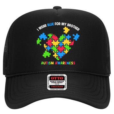 I Wear Blue For My Brother Family Matching Autism Awareness High Crown Mesh Back Trucker Hat