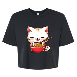 Kawaii Cat Eats Japanese Ramen, Daddy Mommy Boy Girl Funny Bella+Canvas Jersey Crop Tee