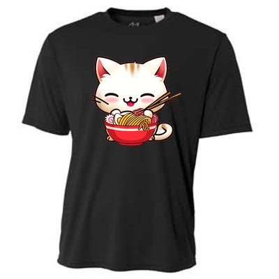 Kawaii Cat Eats Japanese Ramen, Daddy Mommy Boy Girl Funny Cooling Performance Crew T-Shirt