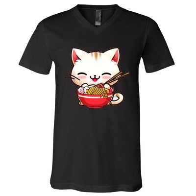 Kawaii Cat Eats Japanese Ramen, Daddy Mommy Boy Girl Funny V-Neck T-Shirt