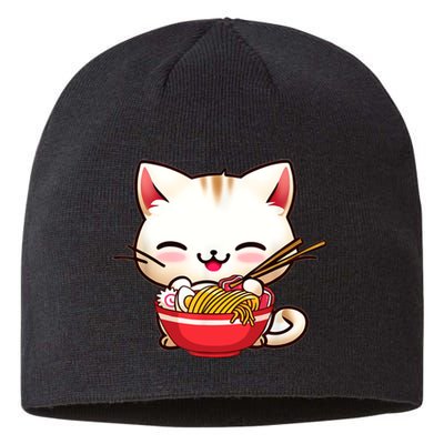 Kawaii Cat Eats Japanese Ramen, Daddy Mommy Boy Girl Funny Sustainable Beanie