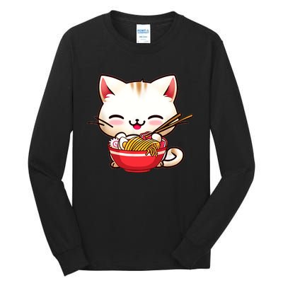 Kawaii Cat Eats Japanese Ramen, Daddy Mommy Boy Girl Funny Tall Long Sleeve T-Shirt