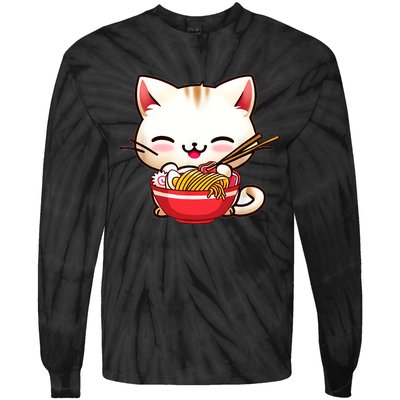 Kawaii Cat Eats Japanese Ramen, Daddy Mommy Boy Girl Funny Tie-Dye Long Sleeve Shirt