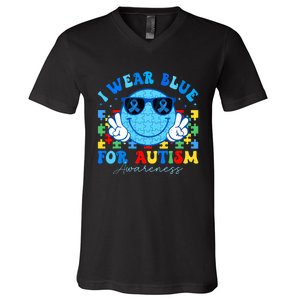 I Wear Blue For Autism Awareness Month Teacher V-Neck T-Shirt