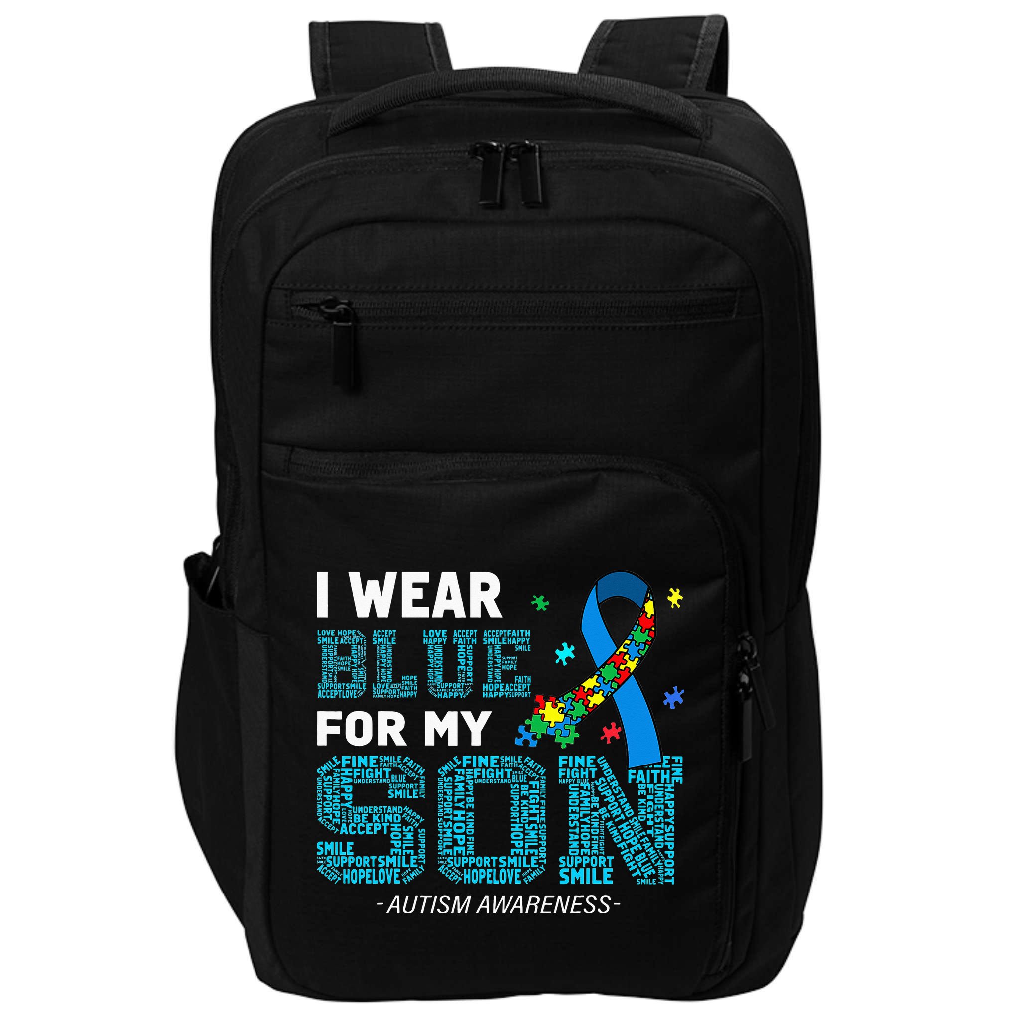 I Wear Blue For My Son Autism Awareness Mom Dad Impact Tech Backpack