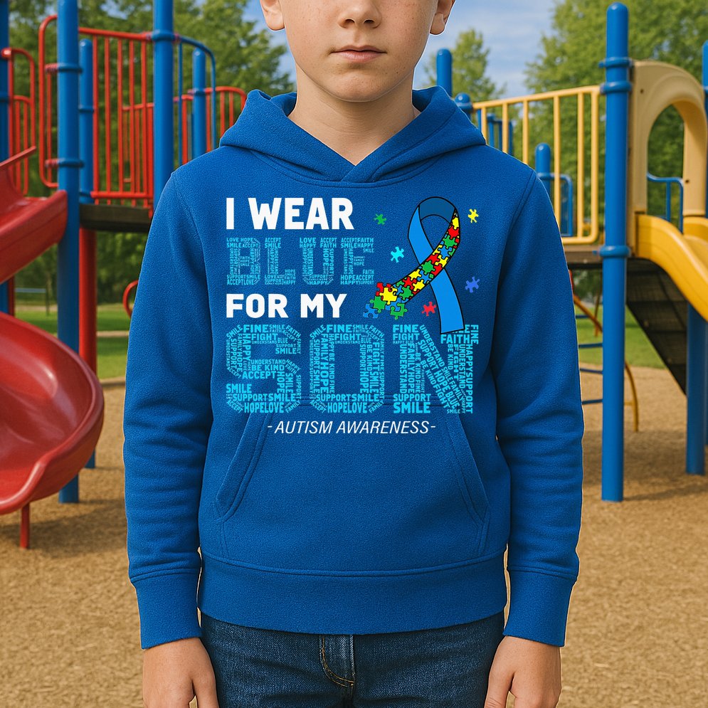I Wear Blue For My Son Autism Awareness Mom Dad Kids Hoodie