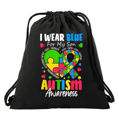 I Wear Blue For my son Autism Awareness Drawstring Bag