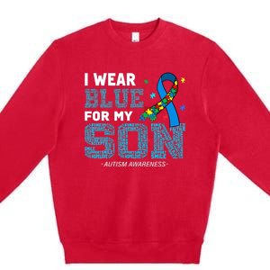 I Wear Blue For My Son Autism Awareness Month Mom Dad Premium Crewneck Sweatshirt