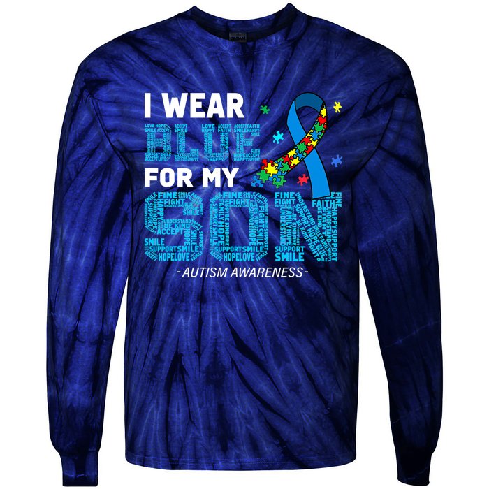 I Wear Blue For My Son Autism Awareness Month Mom Dad Tie-Dye Long Sleeve Shirt