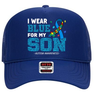 I Wear Blue For My Son Autism Awareness Month Mom Dad High Crown Mesh Back Trucker Hat