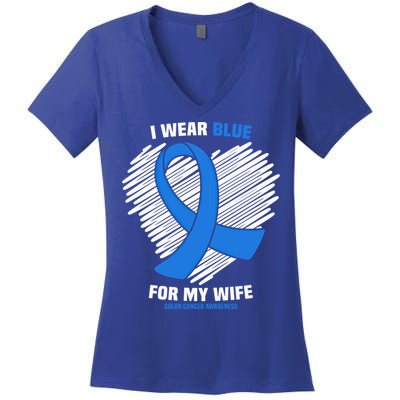 I Wear Blue For My Wife Colon Cancer Awareness Cool Gift Women's V-Neck T-Shirt