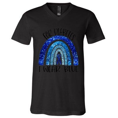 I Wear Blue For Diabetes Awareness Blue Ribbon Rainbow V-Neck T-Shirt