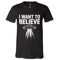 I Want Believe Ufo Alien Spaceship Extraterrestrial V-Neck T-Shirt