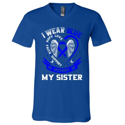 I Wear Blue In Memory Of My Sister Colon Cancer Awareness Gift V-Neck T-Shirt