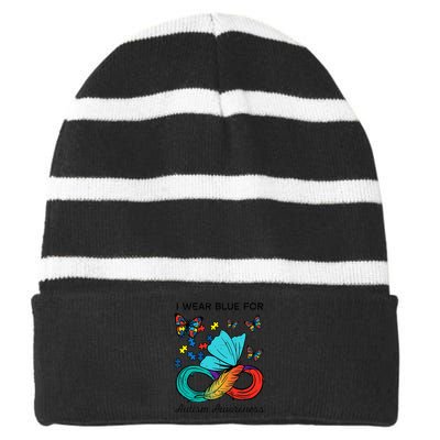 I Wear Blue For Autism Awareness Acceptance Striped Beanie with Solid Band