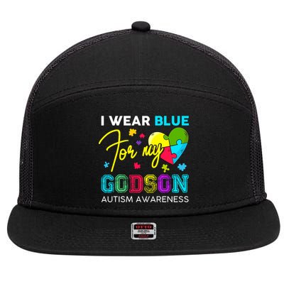 I Wear Blue For My Godson Autism Awareness Godmom Goddad 7 Panel Mesh Trucker Snapback Hat