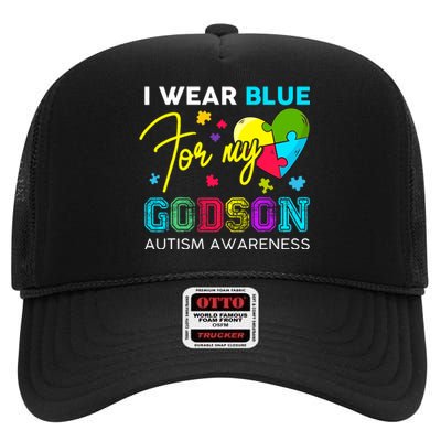 I Wear Blue For My Godson Autism Awareness Godmom Goddad High Crown Mesh Back Trucker Hat