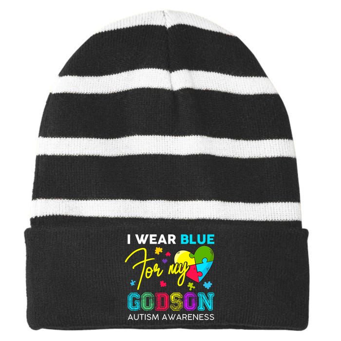 I Wear Blue For My Godson Autism Awareness Godmom Goddad Striped Beanie with Solid Band