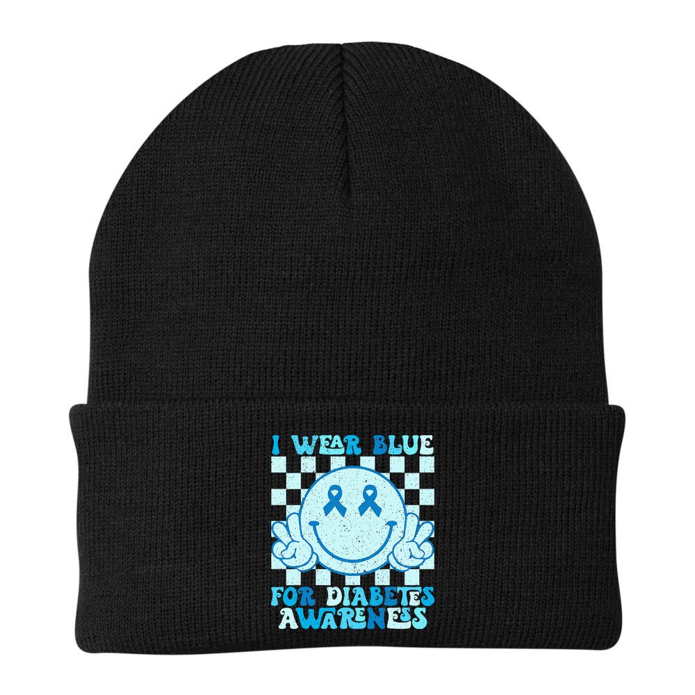 I Wear Blue For Diabetes Awareness month Smile Face Diabetic Beanie