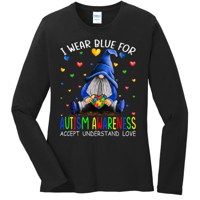 I Wear Blue For Autism Awareness Accept Understand Gnomes Ladies Long Sleeve Shirt