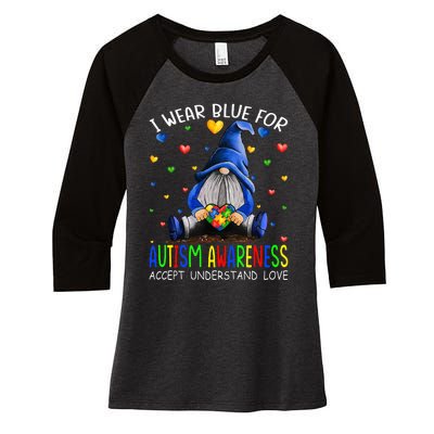 I Wear Blue For Autism Awareness Accept Understand Gnomes Women's Tri-Blend 3/4-Sleeve Raglan Shirt