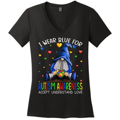 I Wear Blue For Autism Awareness Accept Understand Gnomes Women's V-Neck T-Shirt