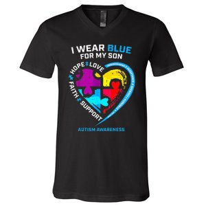 I Wear Blue For My Son Autism Awareness Gifts For Mom V-Neck T-Shirt