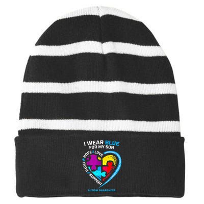 I Wear Blue For My Son Autism Awareness Gifts For Mom Striped Beanie with Solid Band