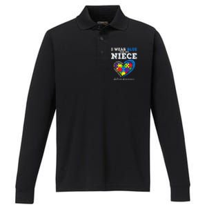 I Wear Blue For My Niece Aunt Uncle Autism Awareness Performance Long Sleeve Polo