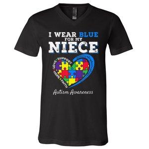 I Wear Blue For My Niece Aunt Uncle Autism Awareness V-Neck T-Shirt