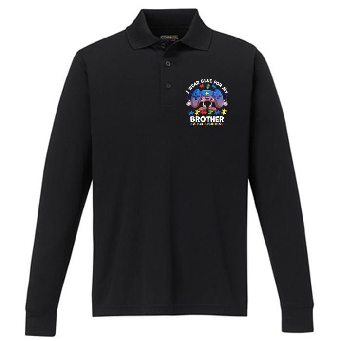 I Wear Blue For My Brother Autism Awareness Video Game Performance Long Sleeve Polo