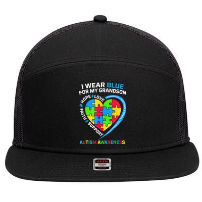 I Wear Blue For My Grandson Autism Awareness 7 Panel Mesh Trucker Snapback Hat