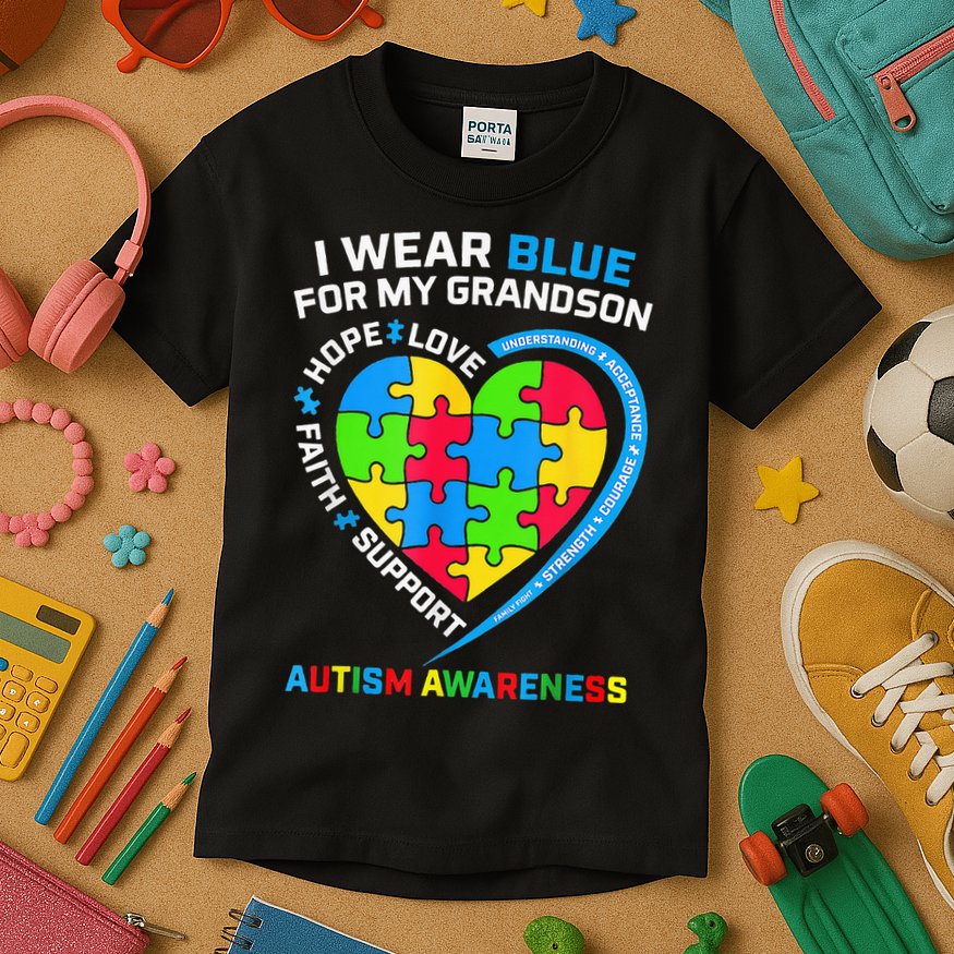 I Wear Blue For My Grandson Autism Awareness Kids T-Shirt