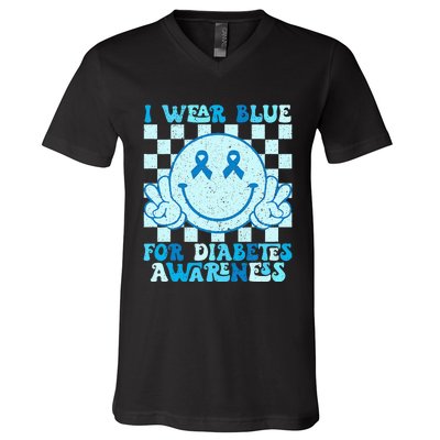 I Wear Blue For Diabetes Awareness Month Smile Face Diabetic V-Neck T-Shirt