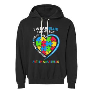 I Wear Blue For My Son Autism Awareness month Garment-Dyed Fleece Hoodie