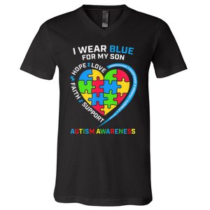 I Wear Blue For My Son Autism Awareness month V-Neck T-Shirt