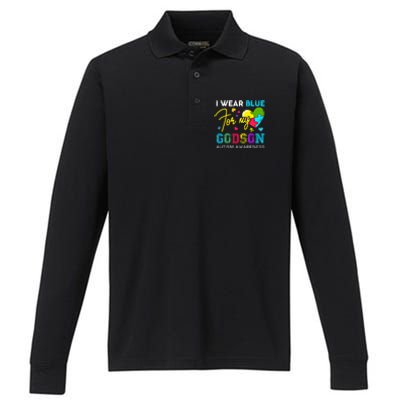 I Wear Blue For My Godson Autism Awareness Godmom Goddad Funny Gift Performance Long Sleeve Polo