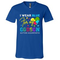 I Wear Blue For My Godson Autism Awareness Godmom Goddad Funny Gift V-Neck T-Shirt