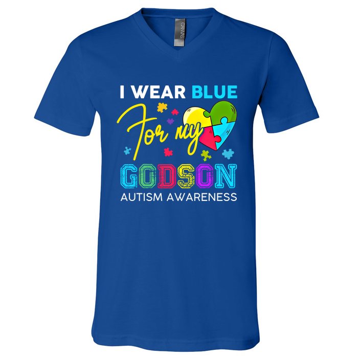 I Wear Blue For My Godson Autism Awareness Godmom Goddad Funny Gift V-Neck T-Shirt