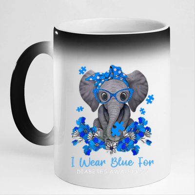 I Wear Blue For Diabetes Awareness Elephant Warrior 11oz Black Color Changing Mug