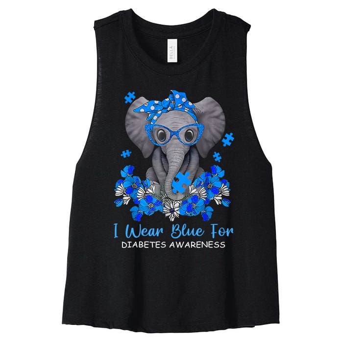 I Wear Blue For Diabetes Awareness Elephant Warrior Women's Racerback Cropped Tank