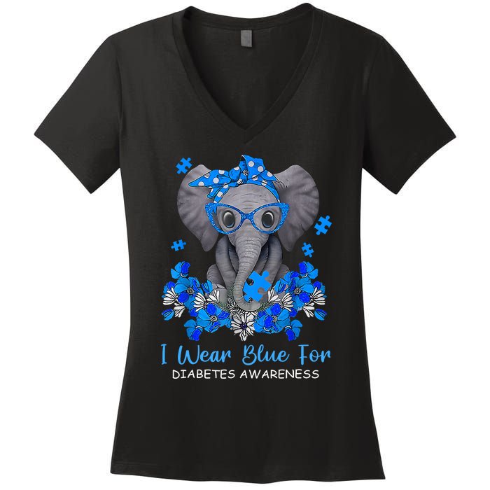 I Wear Blue For Diabetes Awareness Elephant Warrior Women's V-Neck T-Shirt