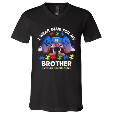 I Wear Blue For My Brother gamer autism support V-Neck T-Shirt