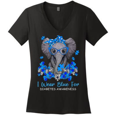 I Wear Blue For Diabetes Awareness Elephant Warrior Women's V-Neck T-Shirt